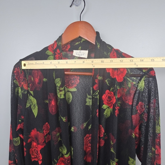 EMBER Mid Length Sheer Duster Kimono 3/4 Sleeves Floral Red Black Womens Size M - Picture 10 of 14